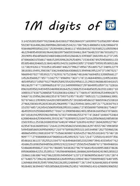 1 million digits of pi|pi 100 million digits.